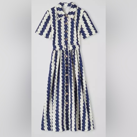 NWT L.K Bennett Calder Navy and Cream Wavy Stripe Shirt Dress in Size 14 - Picture 5 of 8
